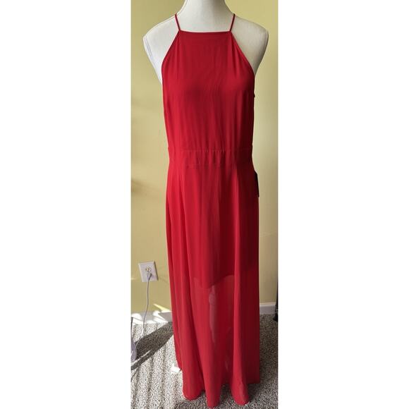 Express Red Halter Maxi Dress Size 10 NWT High Neck Chiffon Overlay Holiday - Picture 1 of 6